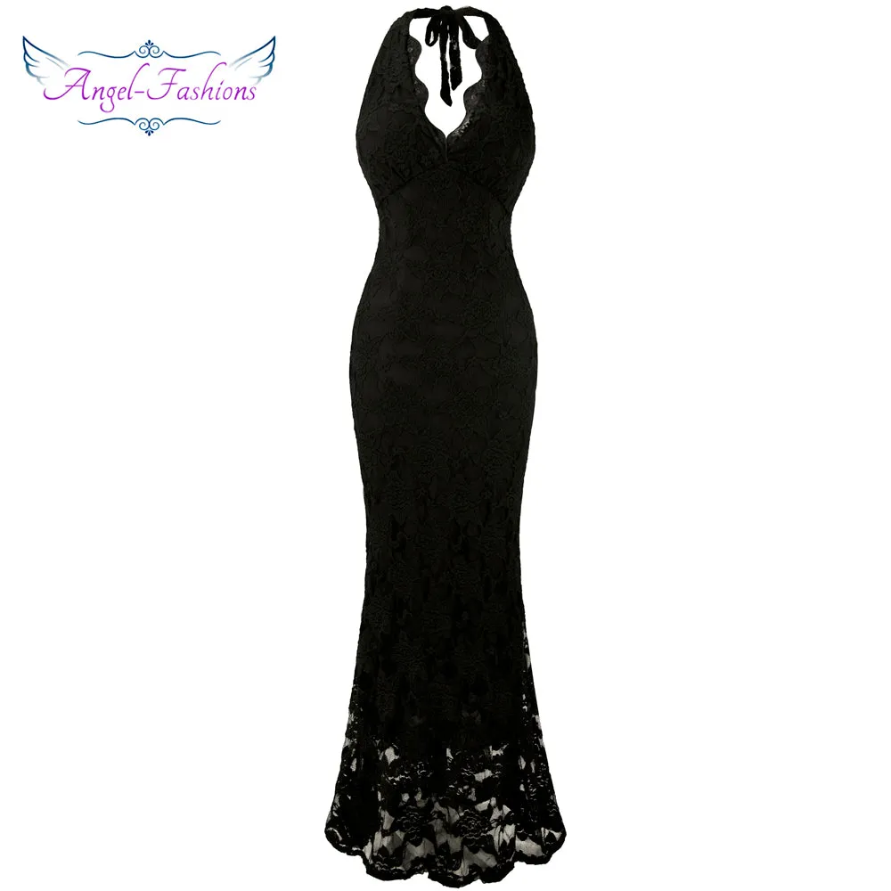 Angel-Fashions Halter Sleeveless Lace Vestidos de Noche Long Evening Dresses