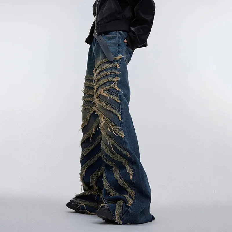 Baggy Striped Ripped Spliced Jeans