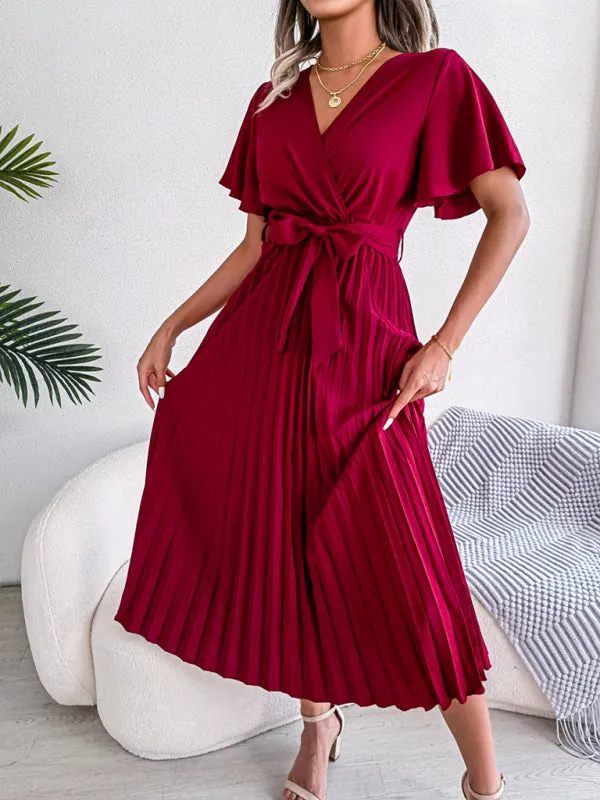 Belted Surplice V-Neck Midi Dress in Solid Color