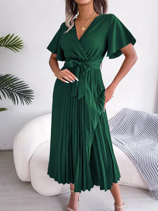 Belted Surplice V-Neck Midi Dress in Solid Color