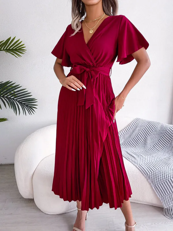 Belted Surplice V-Neck Midi Dress in Solid Color