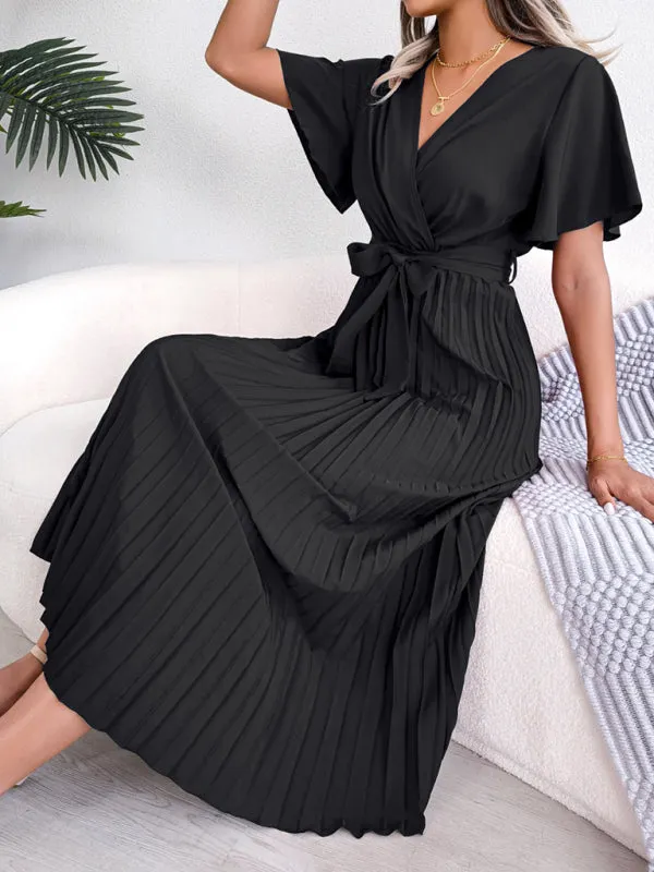 Belted Surplice V-Neck Midi Dress in Solid Color