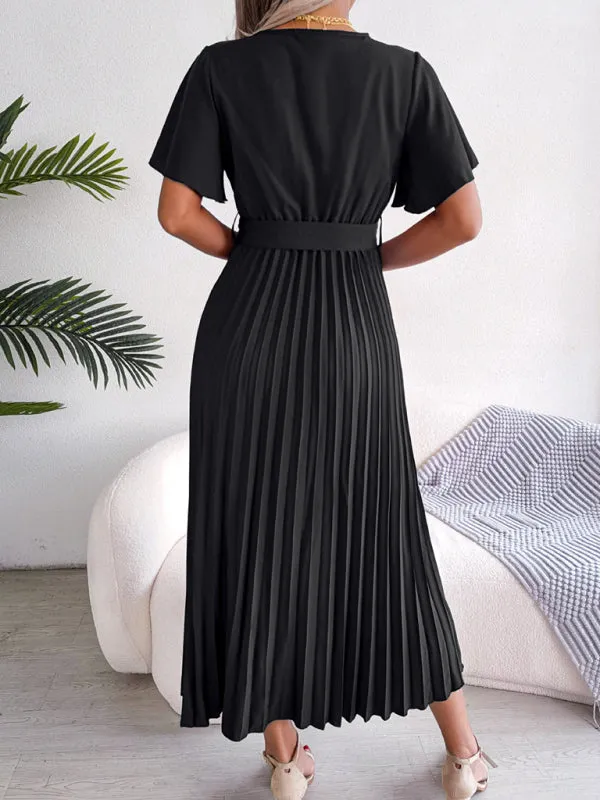 Belted Surplice V-Neck Midi Dress in Solid Color