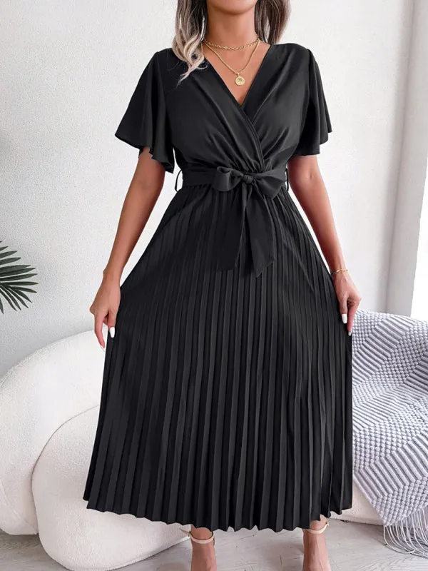 Belted Surplice V-Neck Midi Dress in Solid Color