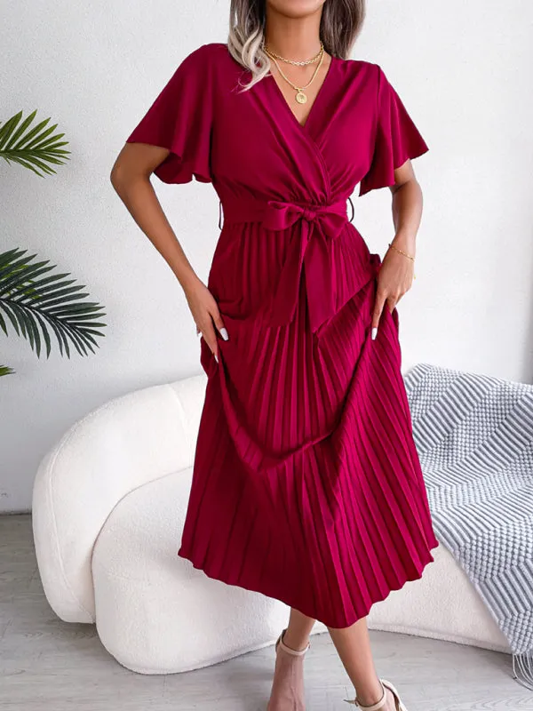 Belted Surplice V-Neck Midi Dress in Solid Color