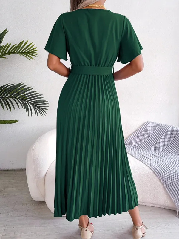 Belted Surplice V-Neck Midi Dress in Solid Color