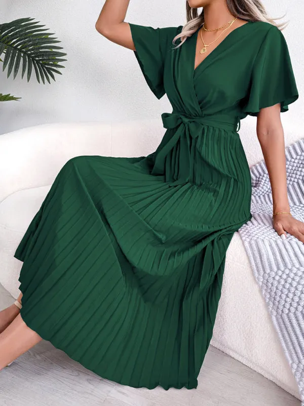 Belted Surplice V-Neck Midi Dress in Solid Color