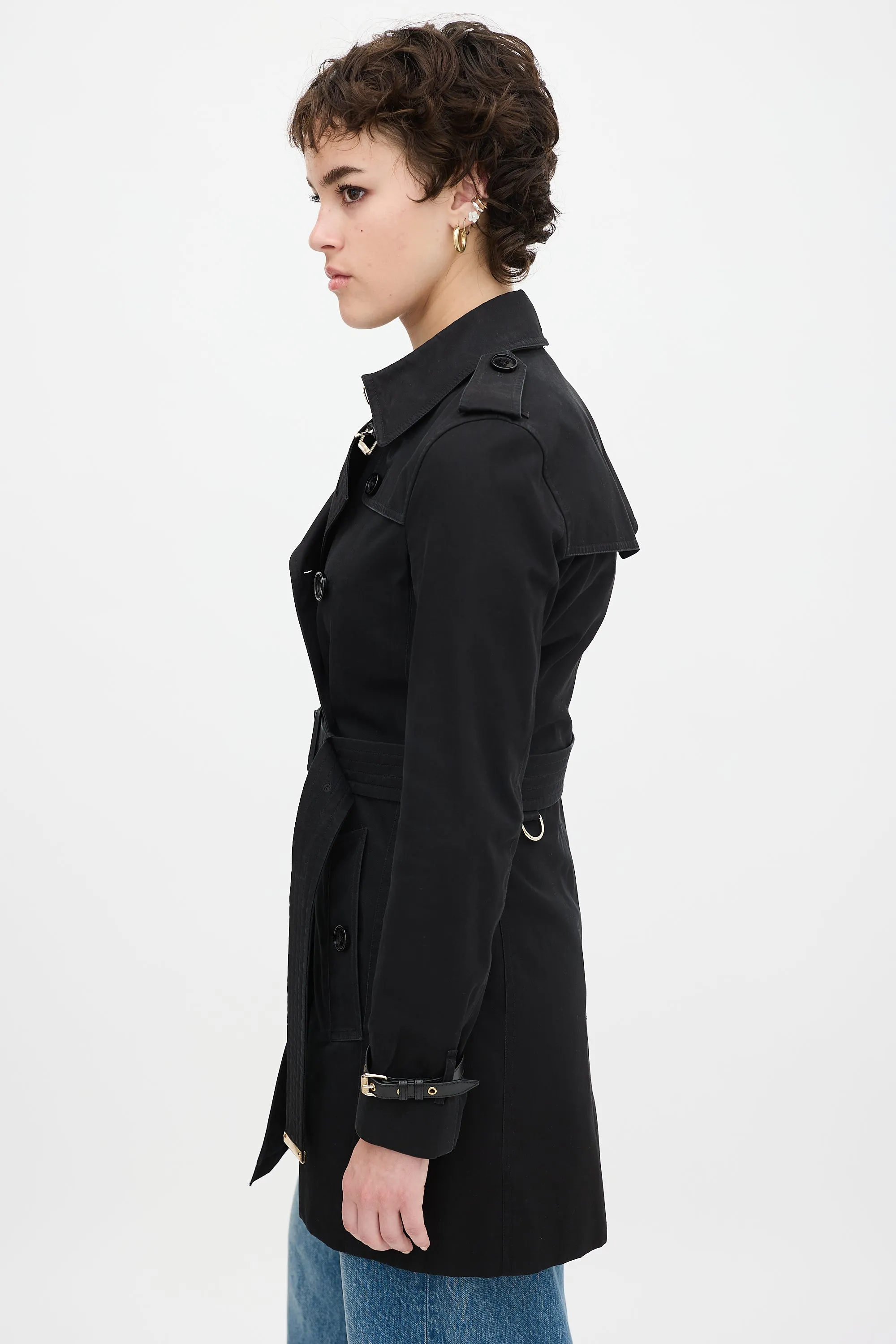 Black Cotton Belted Midi Trench Coat