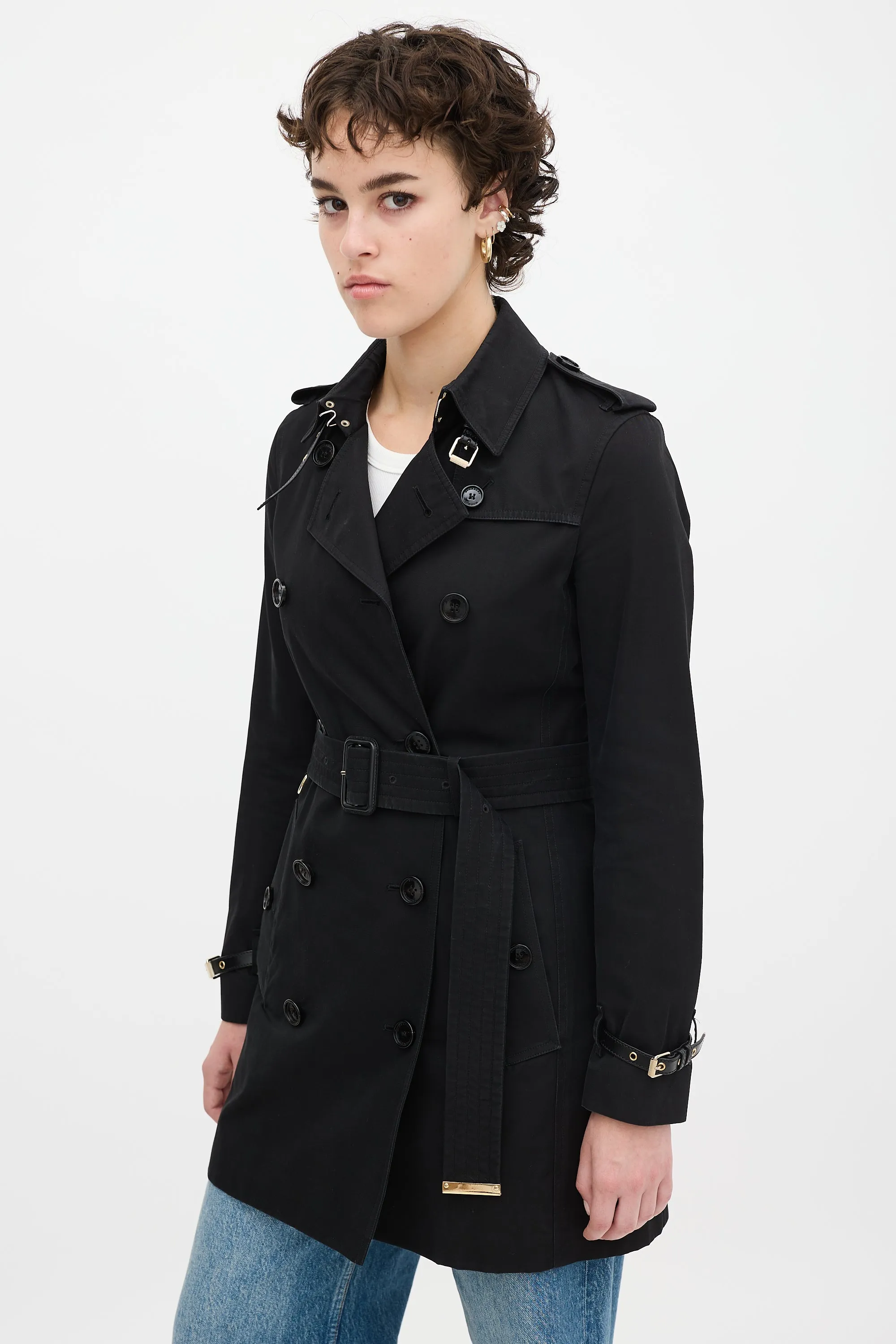 Black Cotton Belted Midi Trench Coat