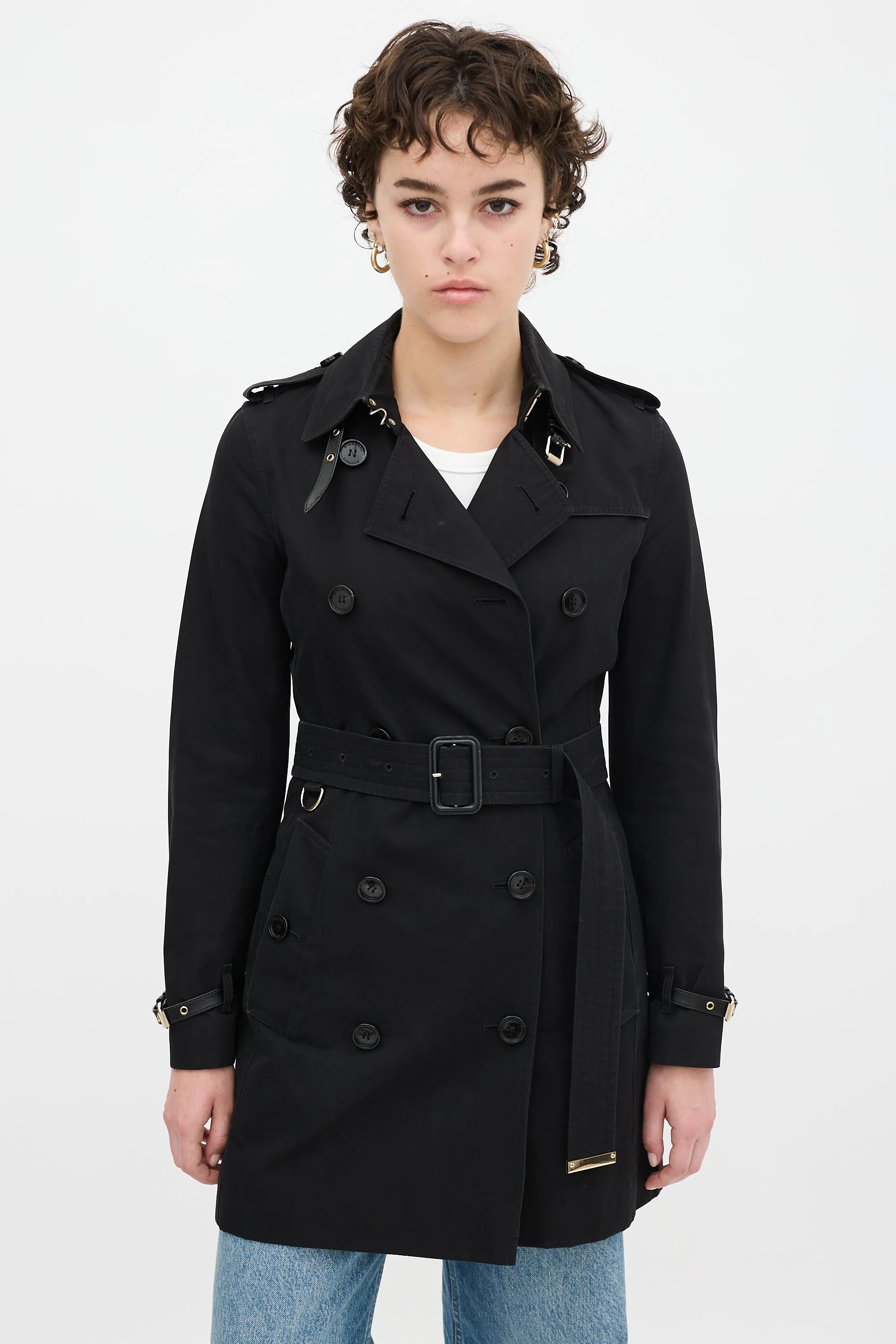 Black Cotton Belted Midi Trench Coat