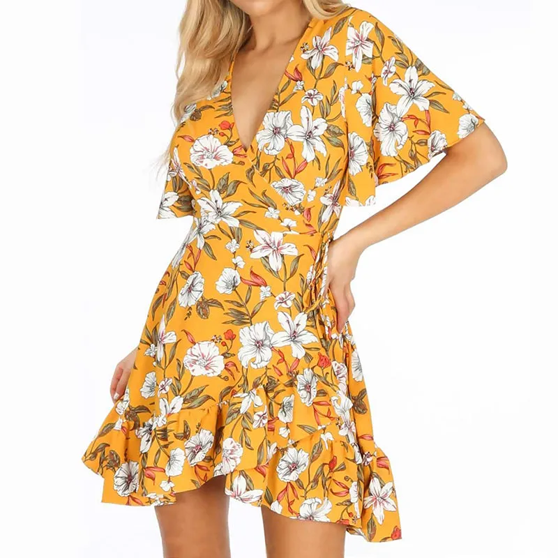 Boho Dress Women Floral Print Ruffle