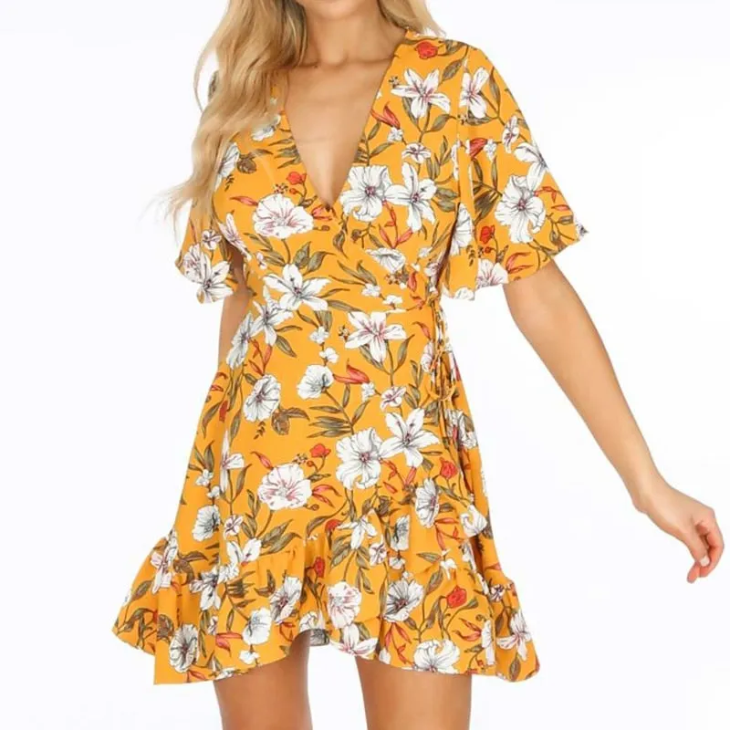 Boho Dress Women Floral Print Ruffle