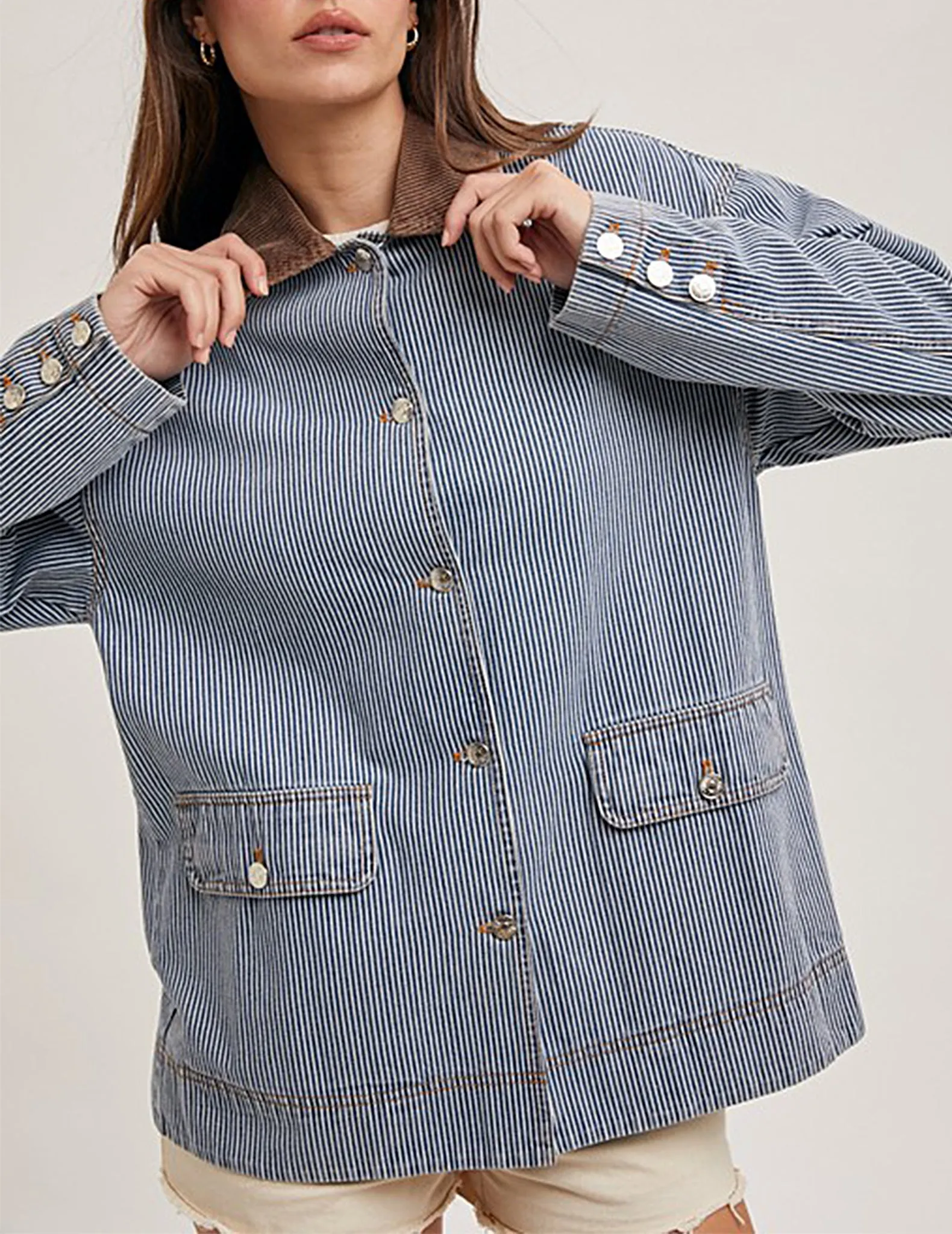 Brielle Railroad Stripe Denim Barn Coat