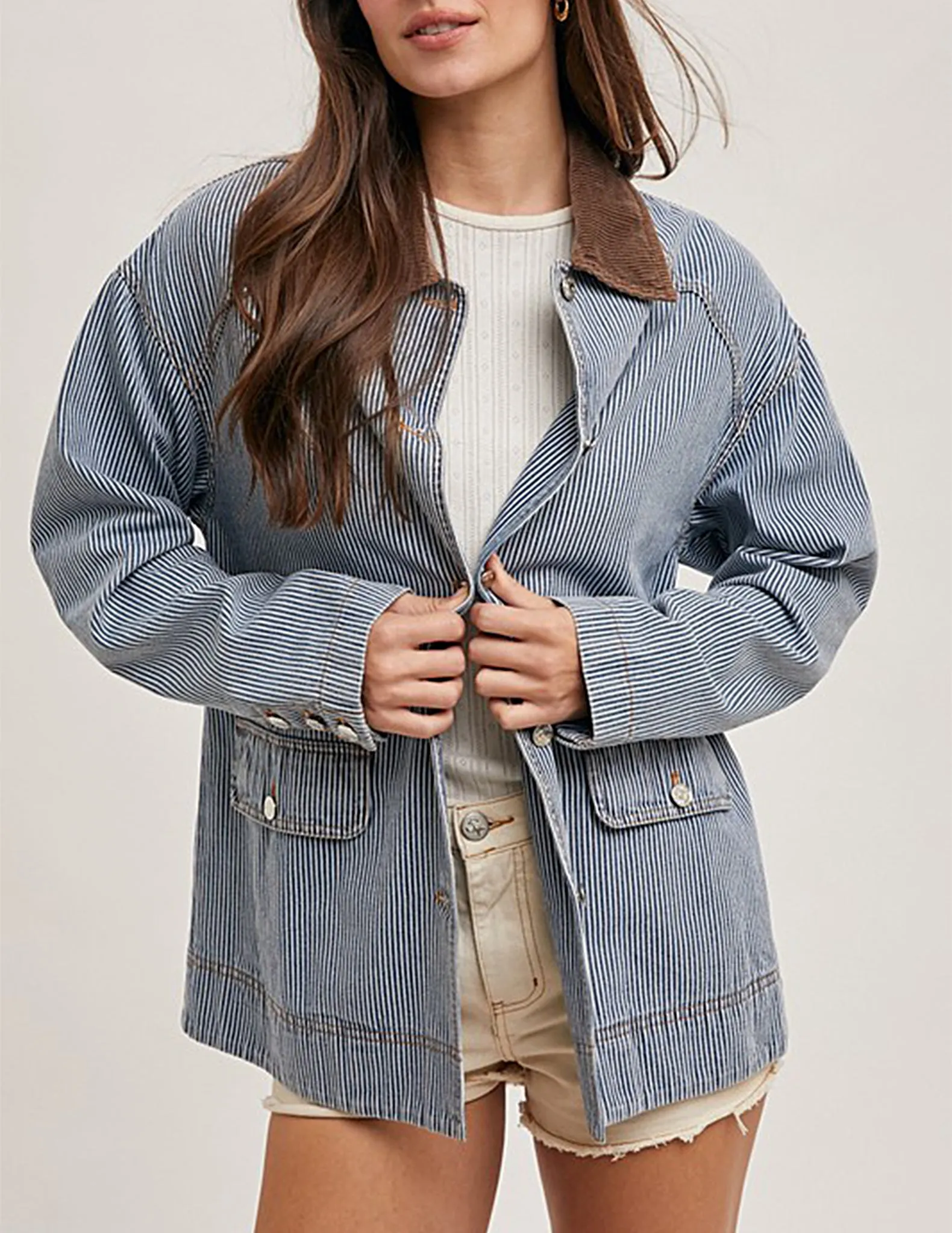 Brielle Railroad Stripe Denim Barn Coat