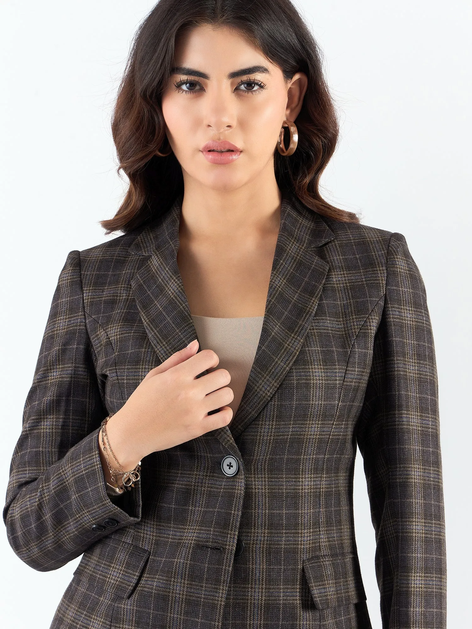 Brown Poly Viscose Warm Tweed Tailored Fit Long Blazer