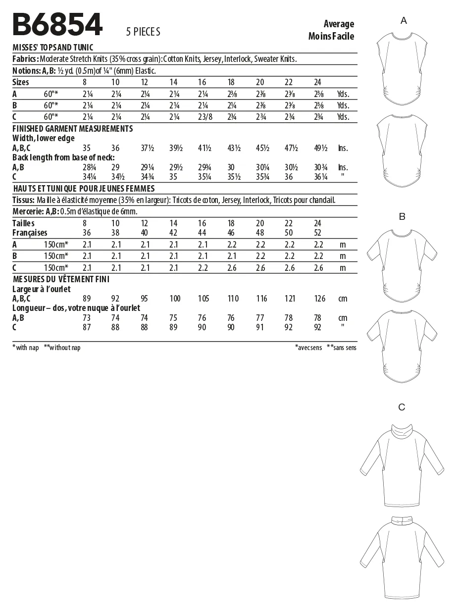 Butterick 6854 Misses' Tops and Tunic Pattern