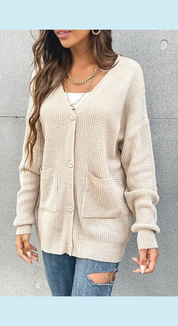 Button Front Drop Shoulder Waffle Cardigan