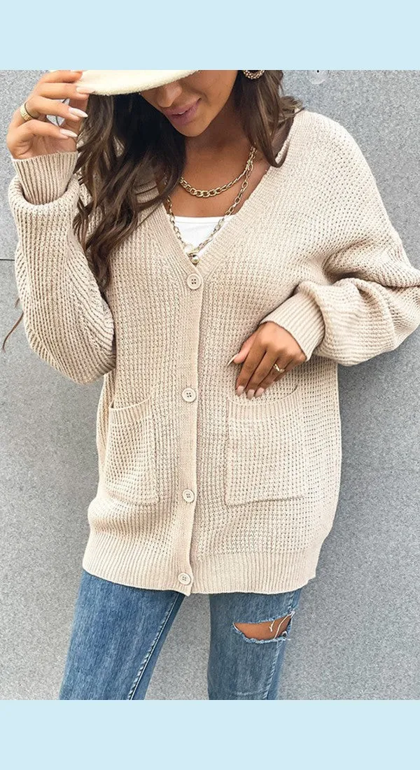 Button Front Drop Shoulder Waffle Cardigan