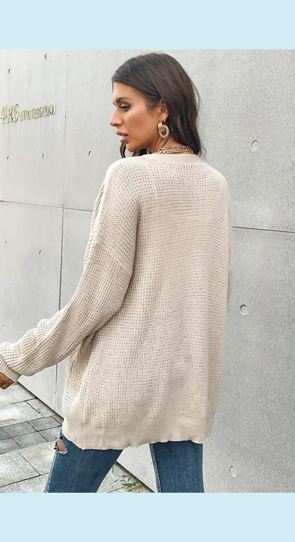 Button Front Drop Shoulder Waffle Cardigan