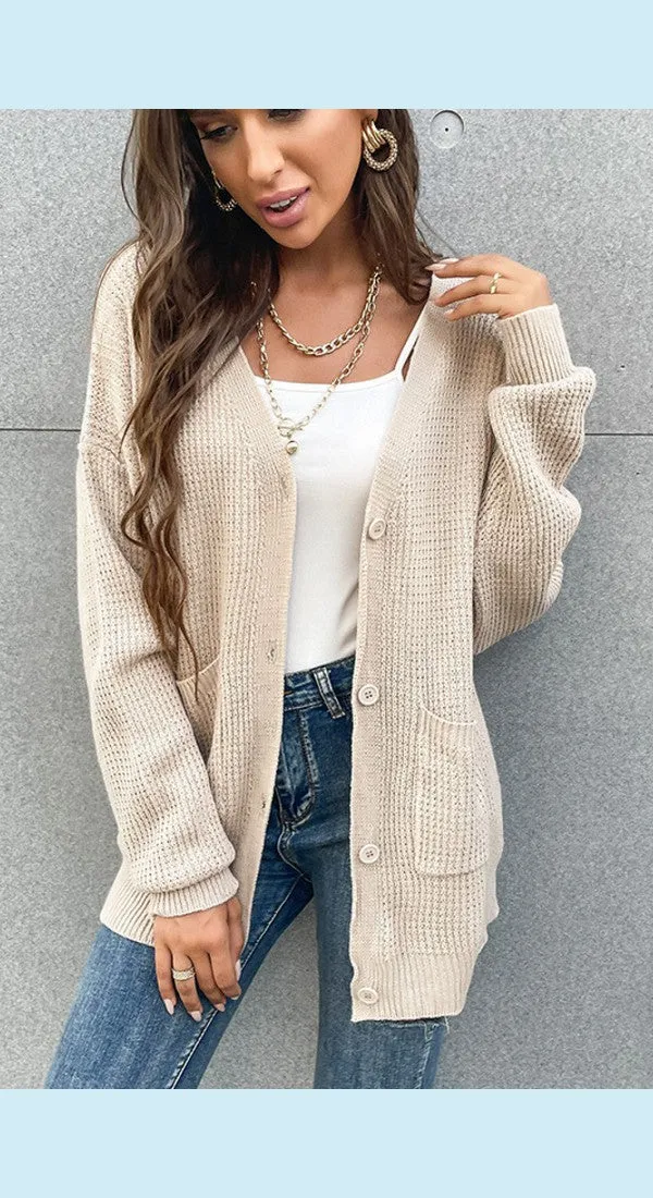 Button Front Drop Shoulder Waffle Cardigan