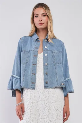 Button Up Ruffle Sleeve Detail Denim Jacket