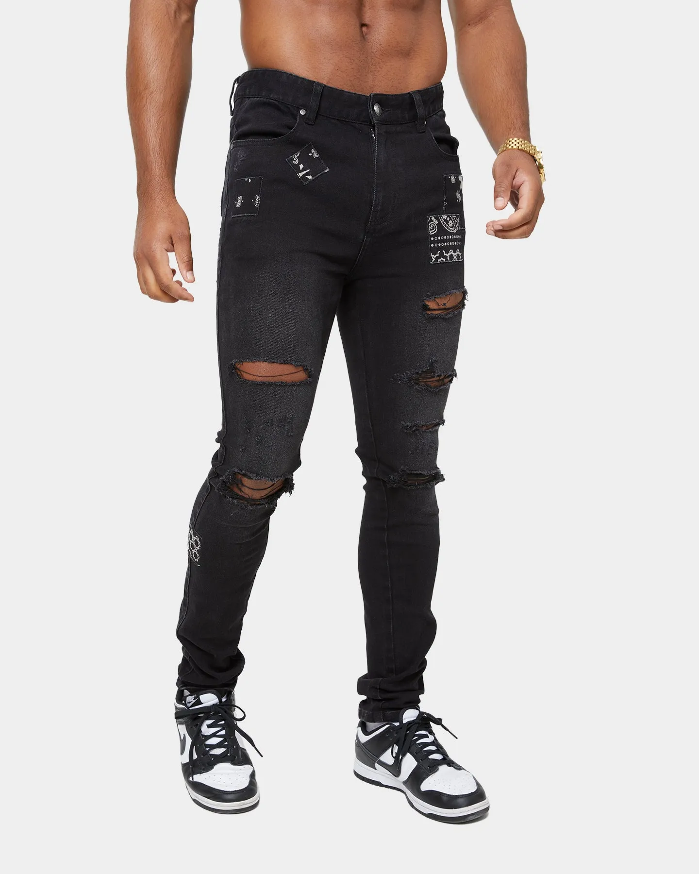 Carre Bandana Ultra Patchwork Distressed Jeans Washed Black