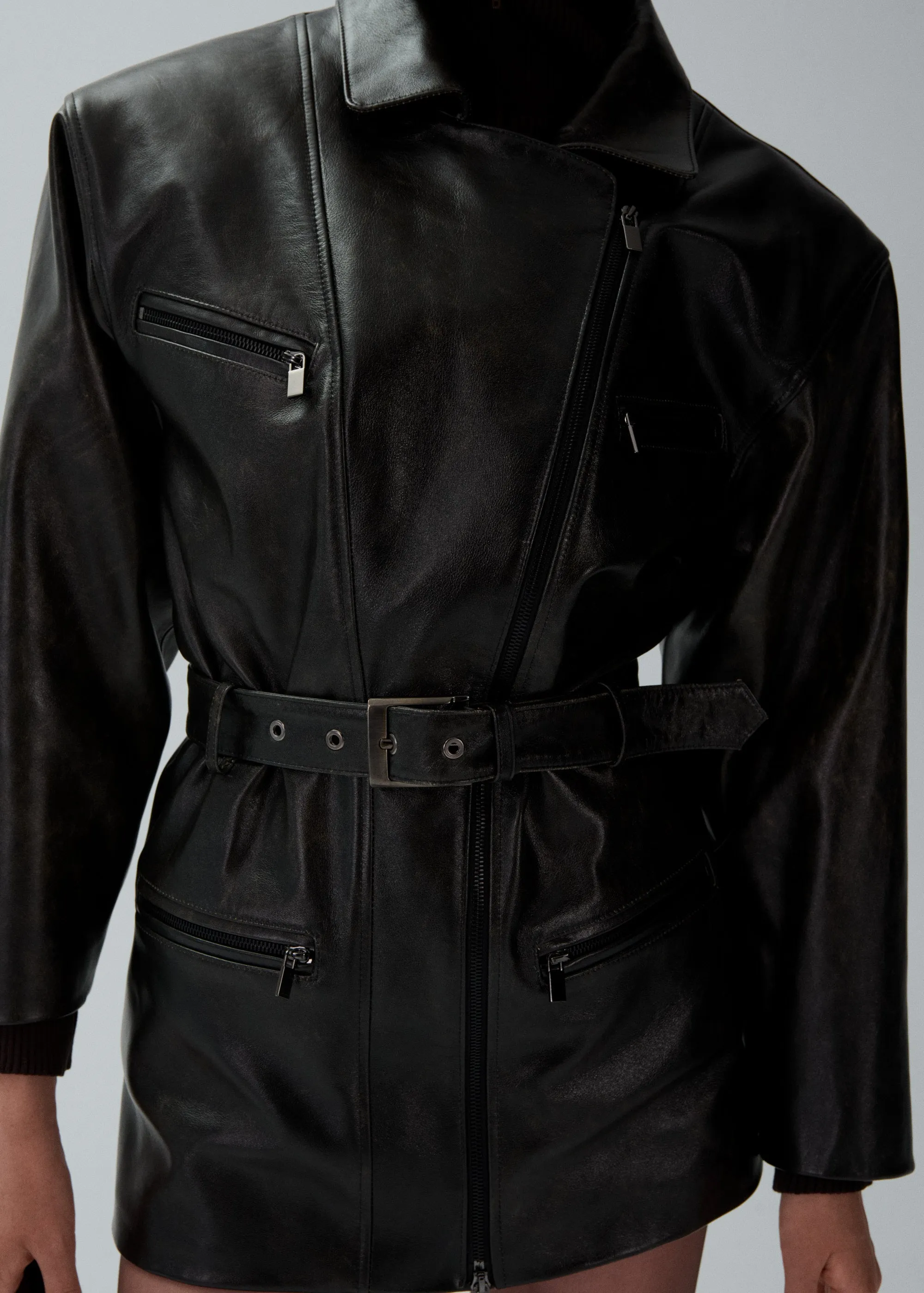 Cinched leather jacket in black vintage with belt