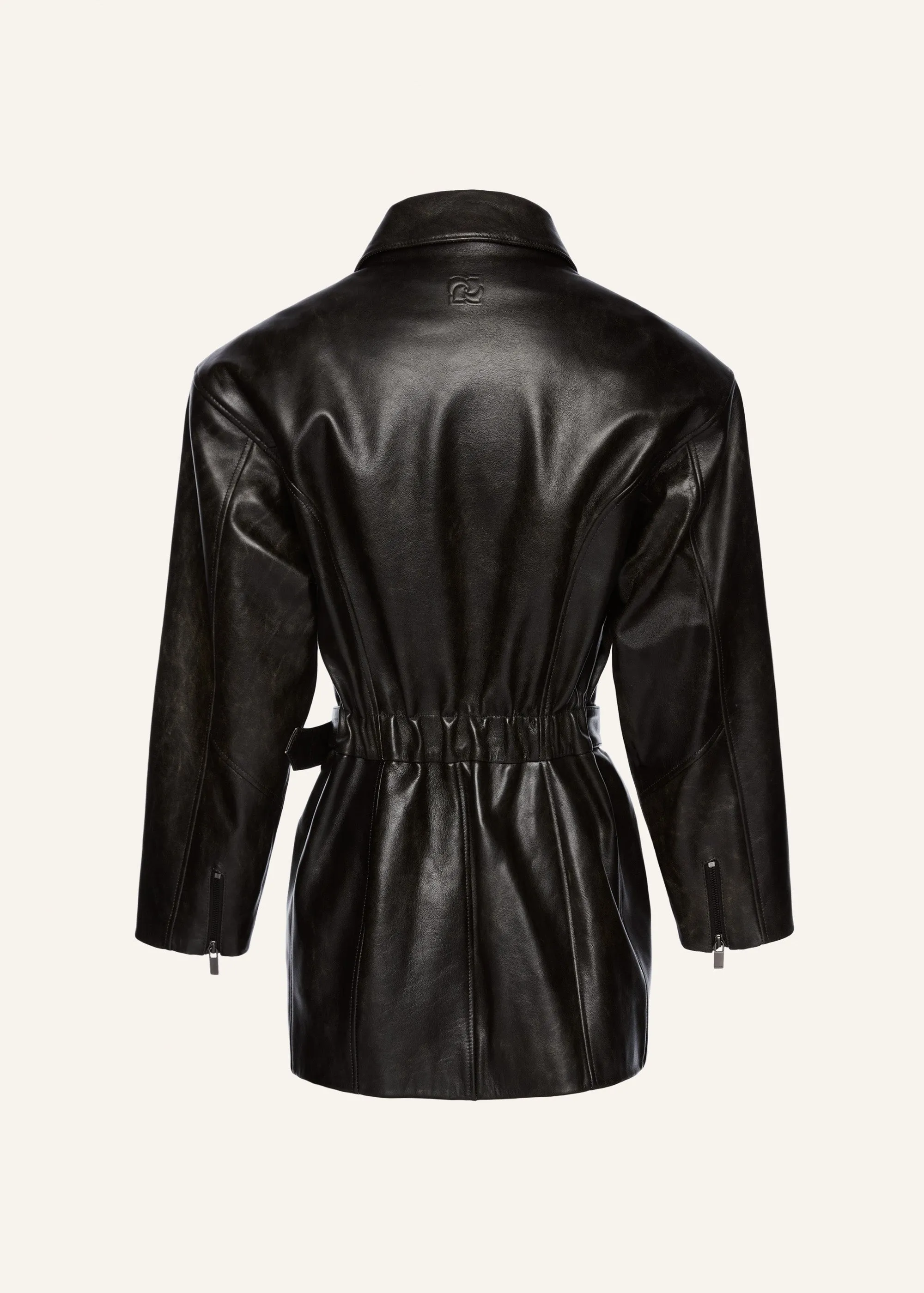 Cinched leather jacket in black vintage with belt