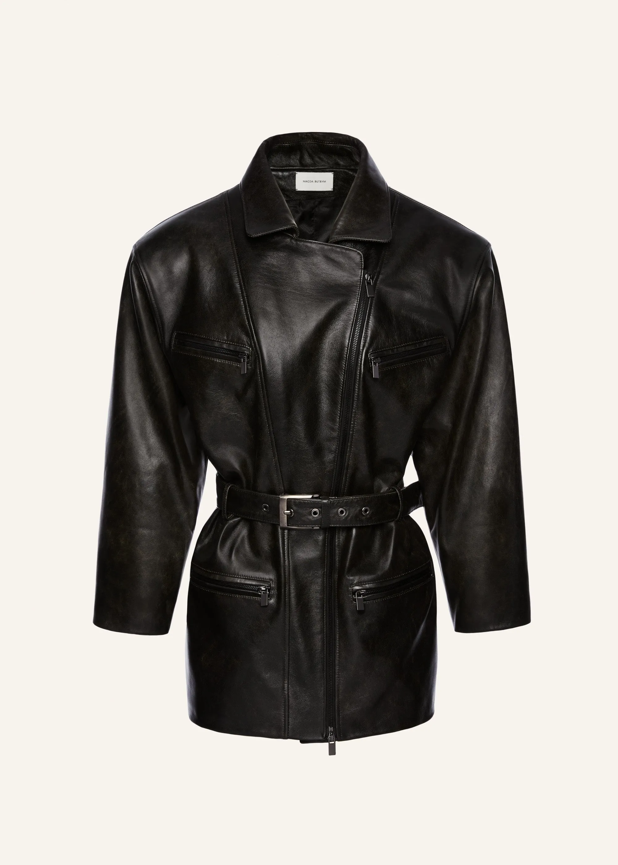 Cinched leather jacket in black vintage with belt