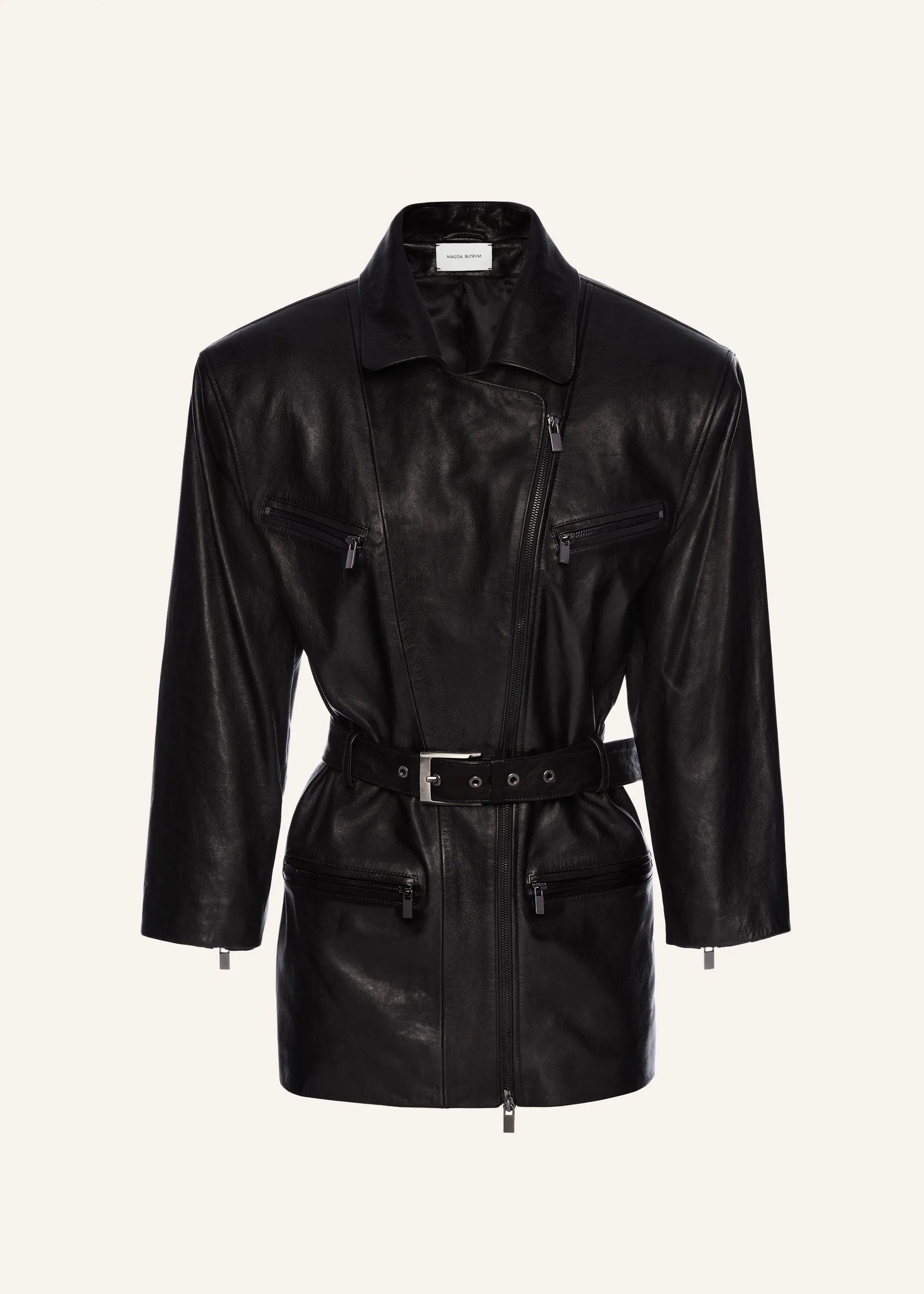 Cinched leather jacket in black with belt