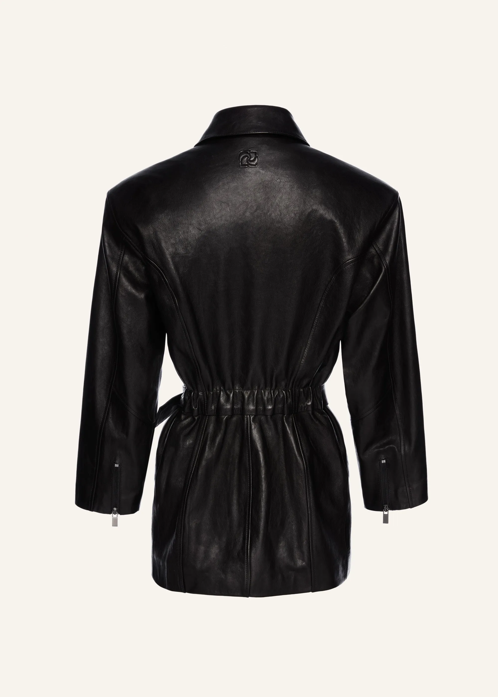 Cinched leather jacket in black with belt