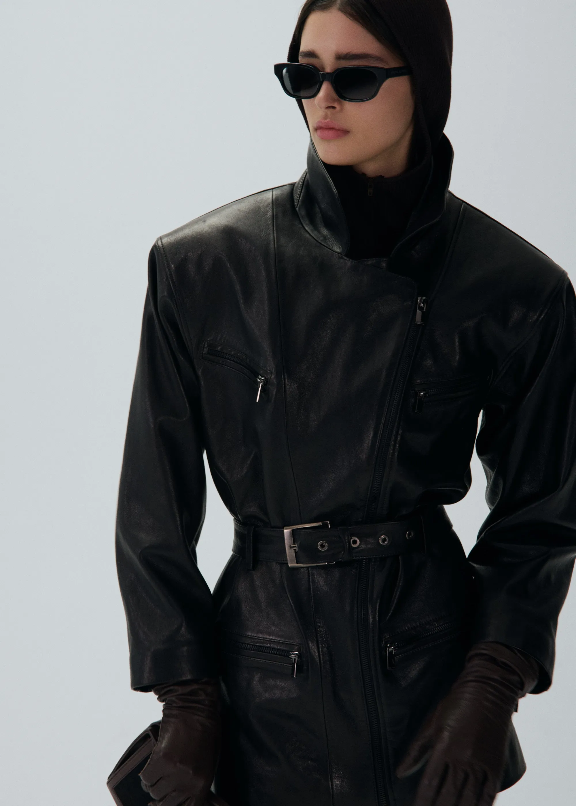 Cinched leather jacket in black with belt