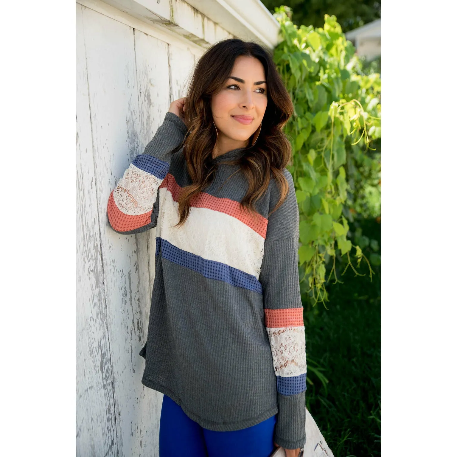 Color Blocked Lace Accent Hoodie