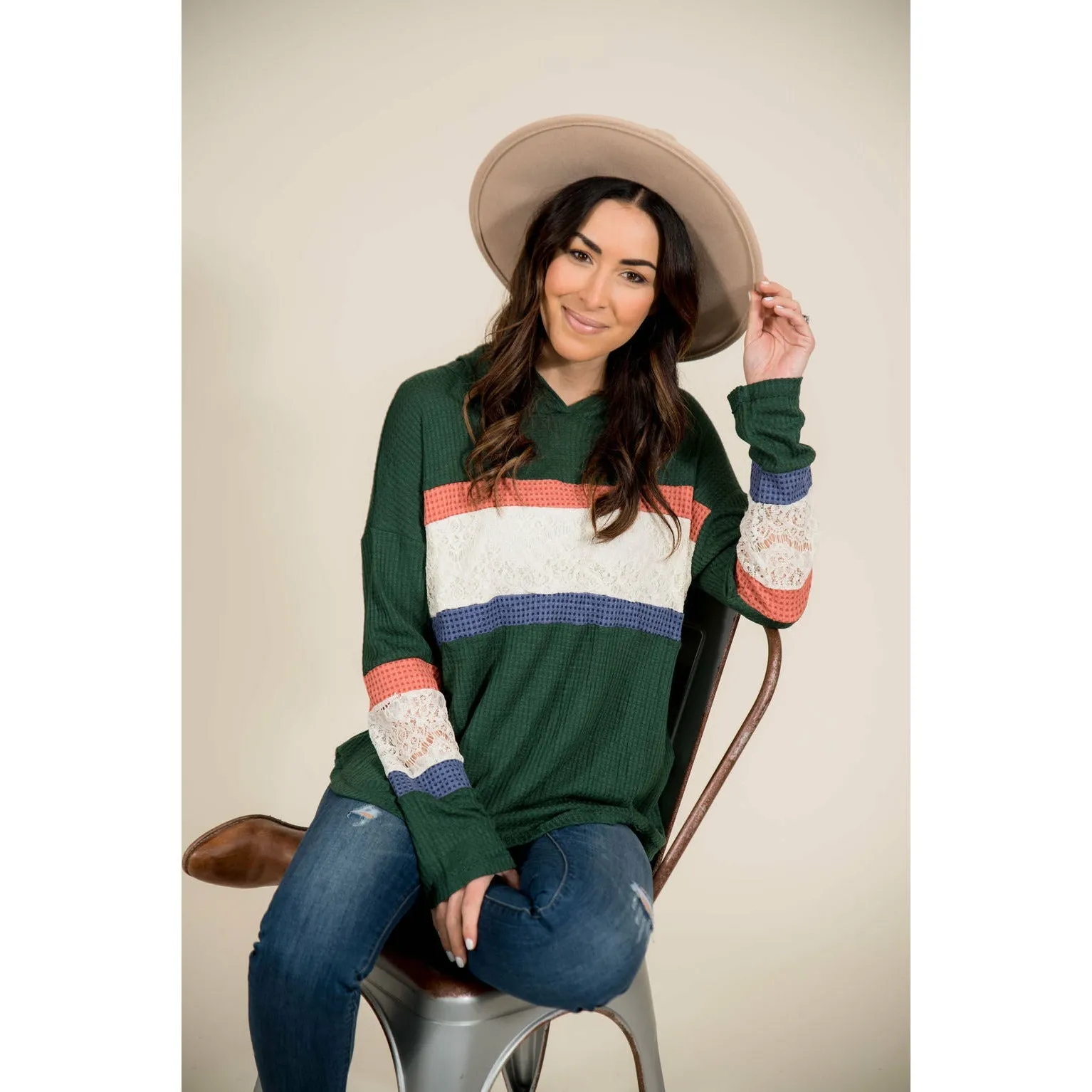 Color Blocked Lace Accent Hoodie