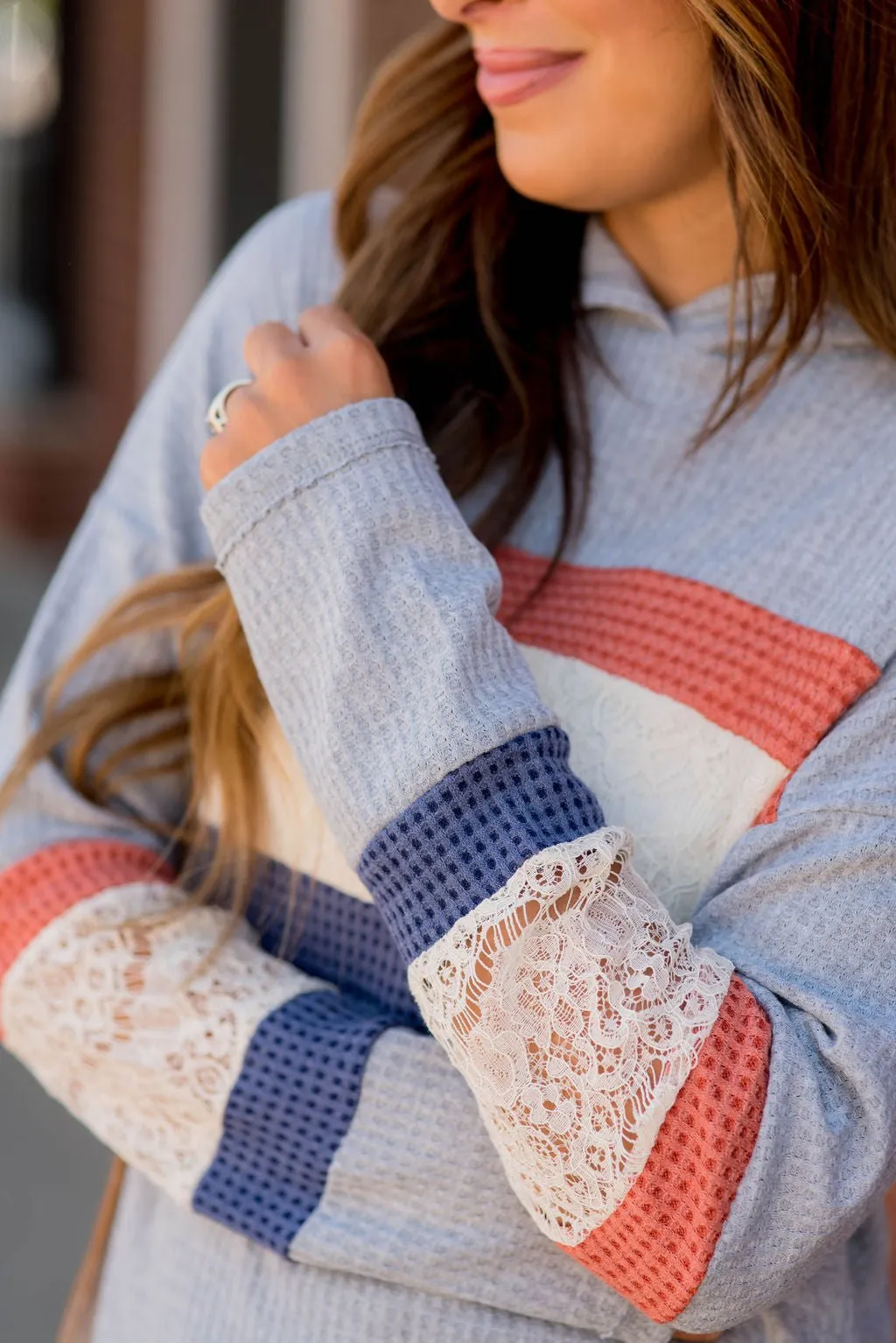 Color Blocked Lace Accent Hoodie