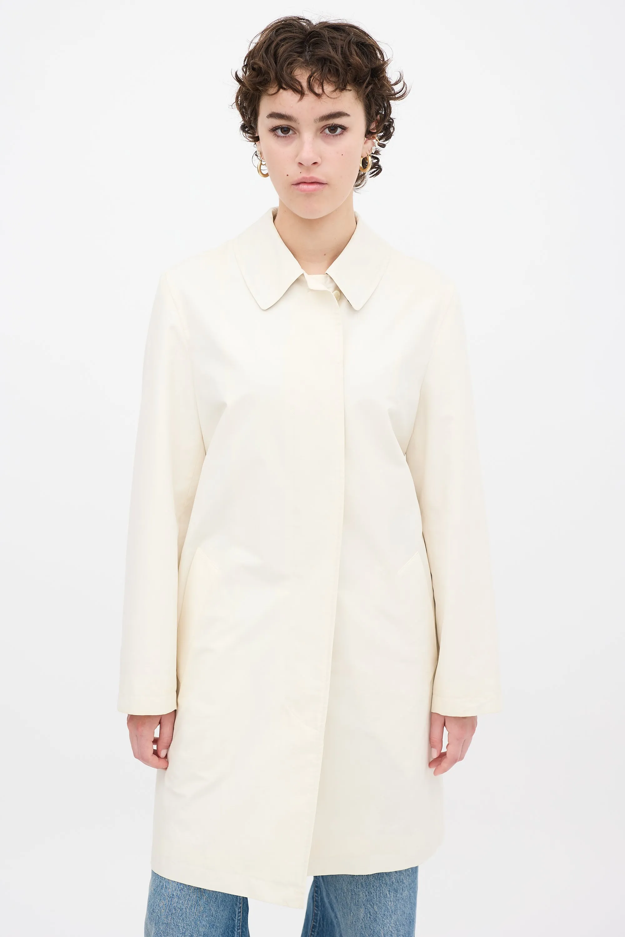 Cream Nylon Belted Midi Trench Coat