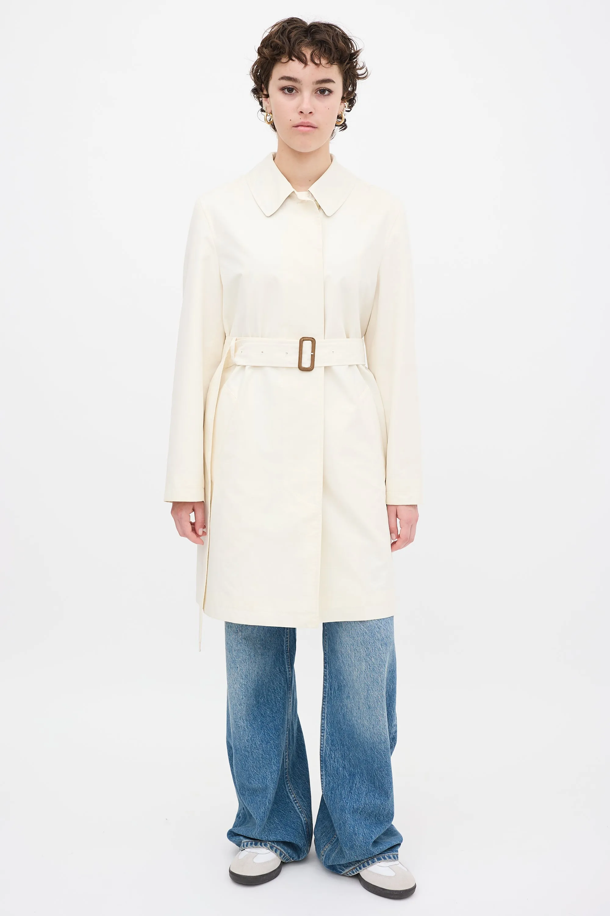 Cream Nylon Belted Midi Trench Coat