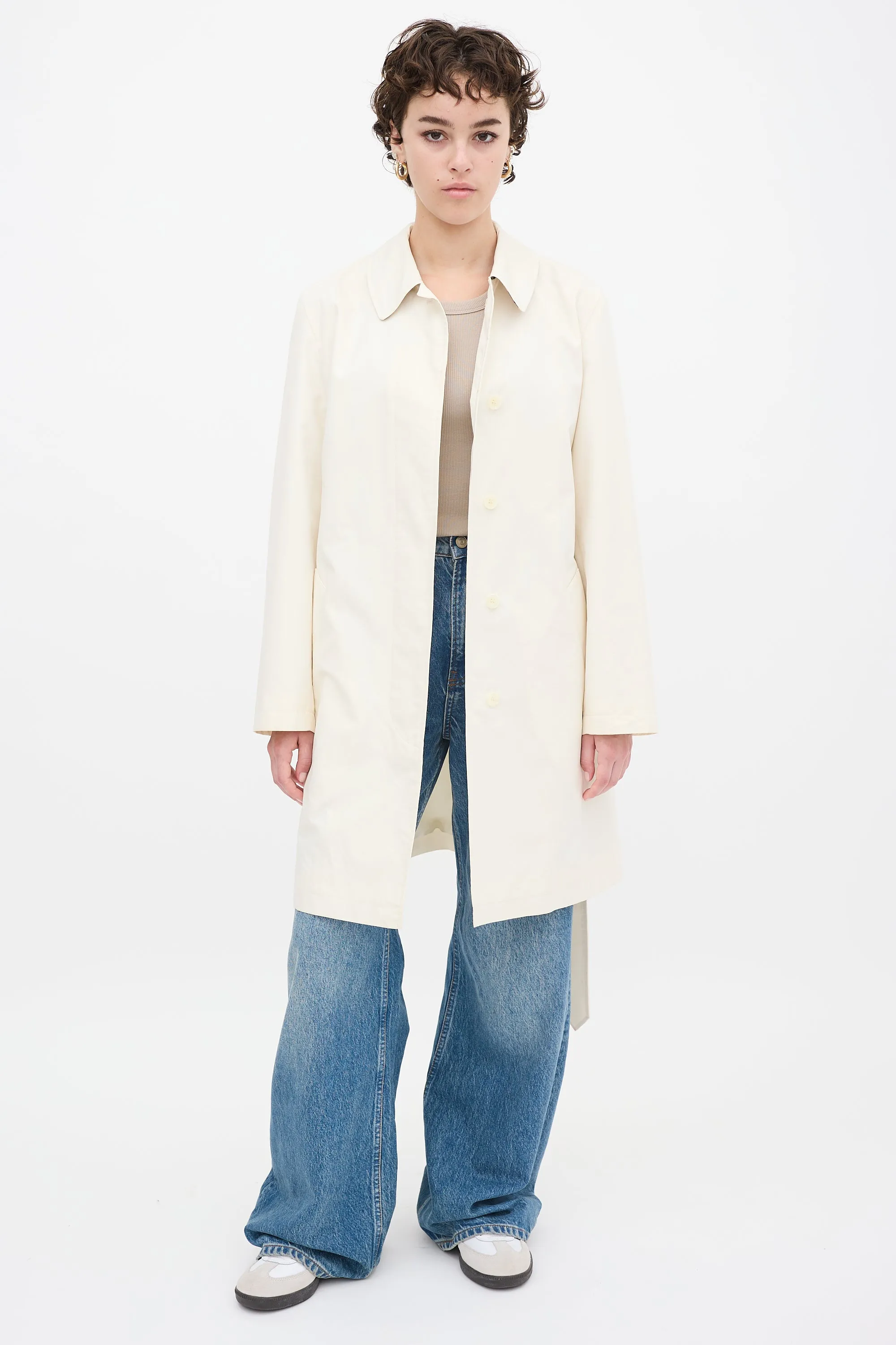 Cream Nylon Belted Midi Trench Coat