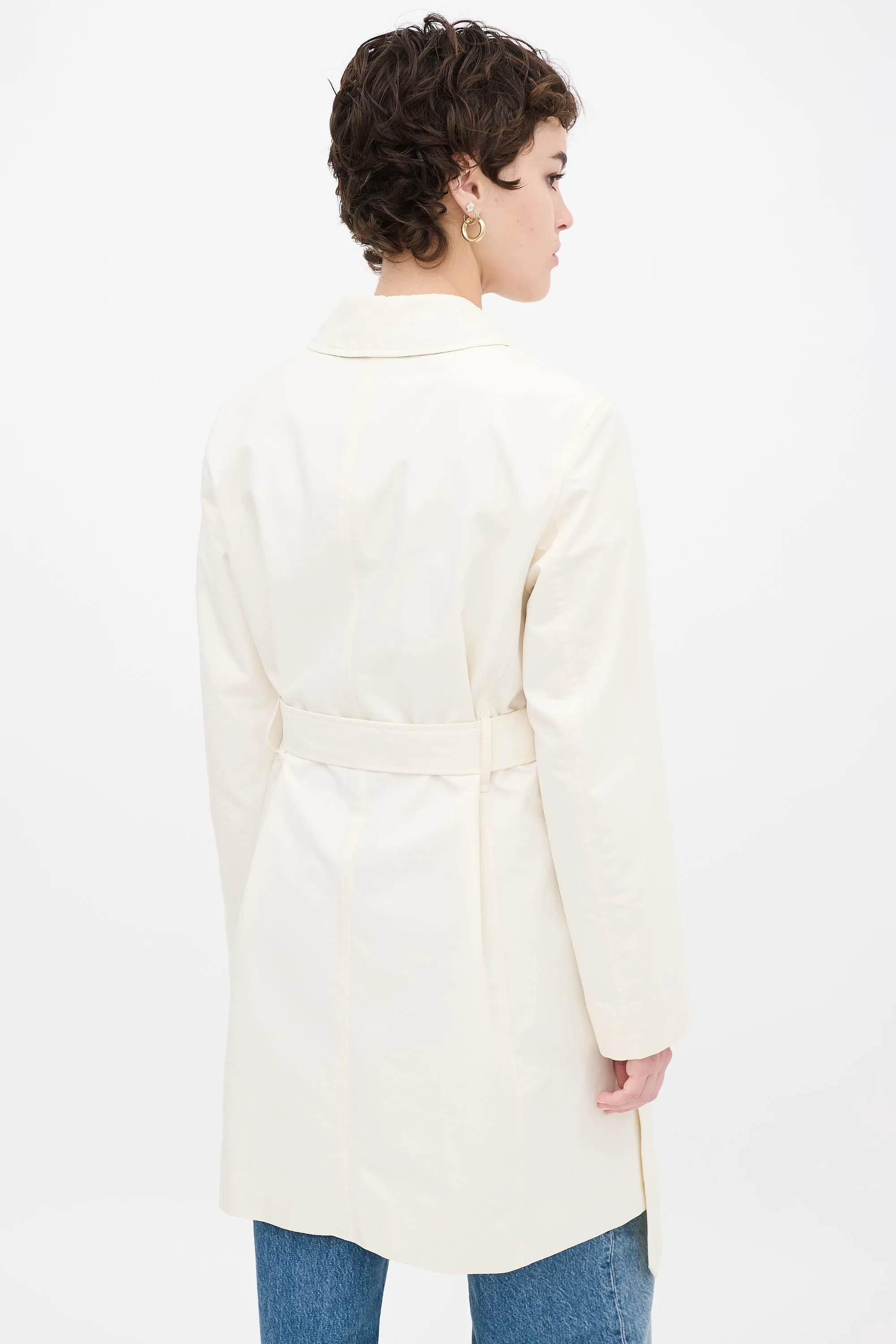 Cream Nylon Belted Midi Trench Coat