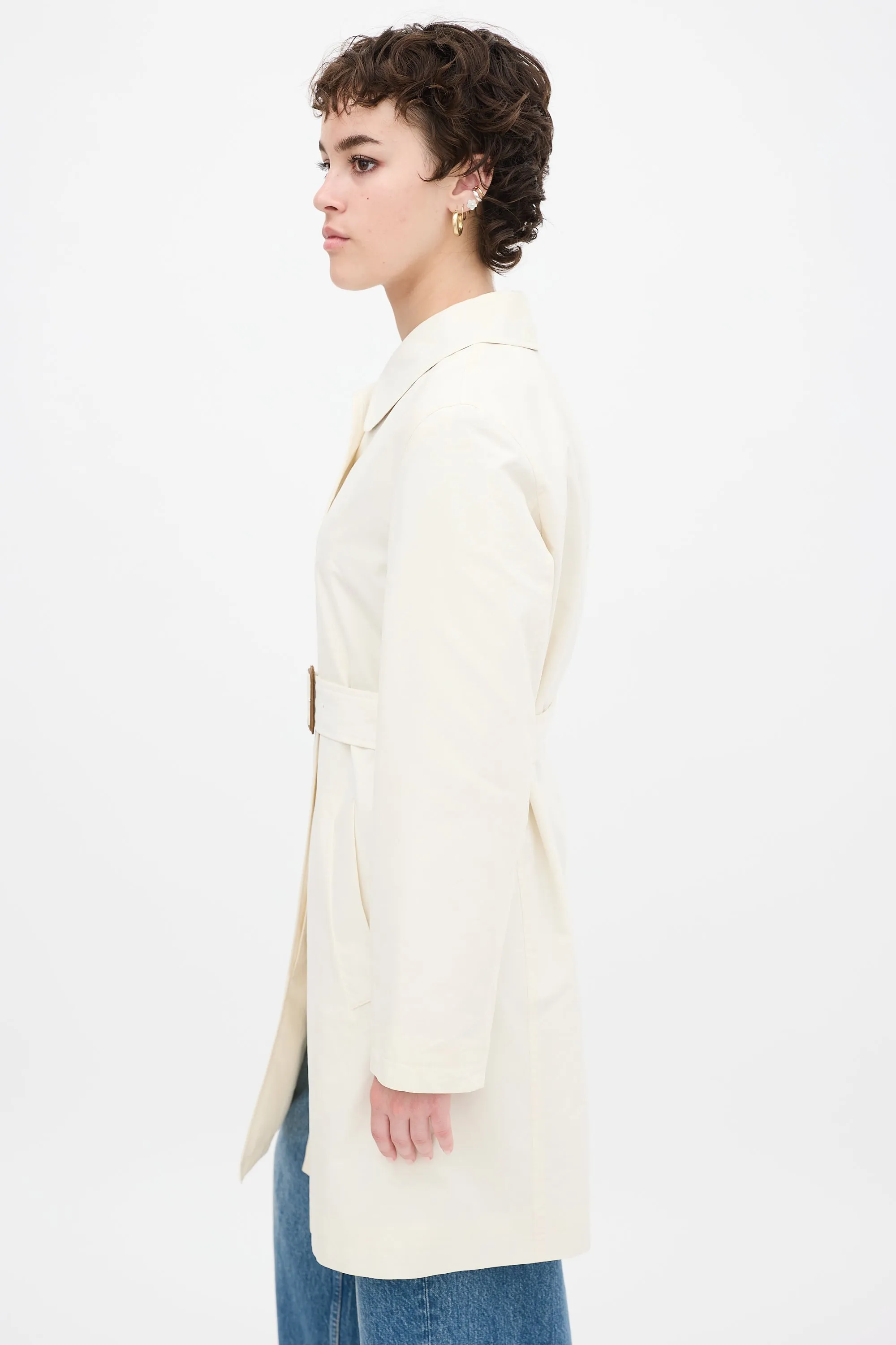 Cream Nylon Belted Midi Trench Coat