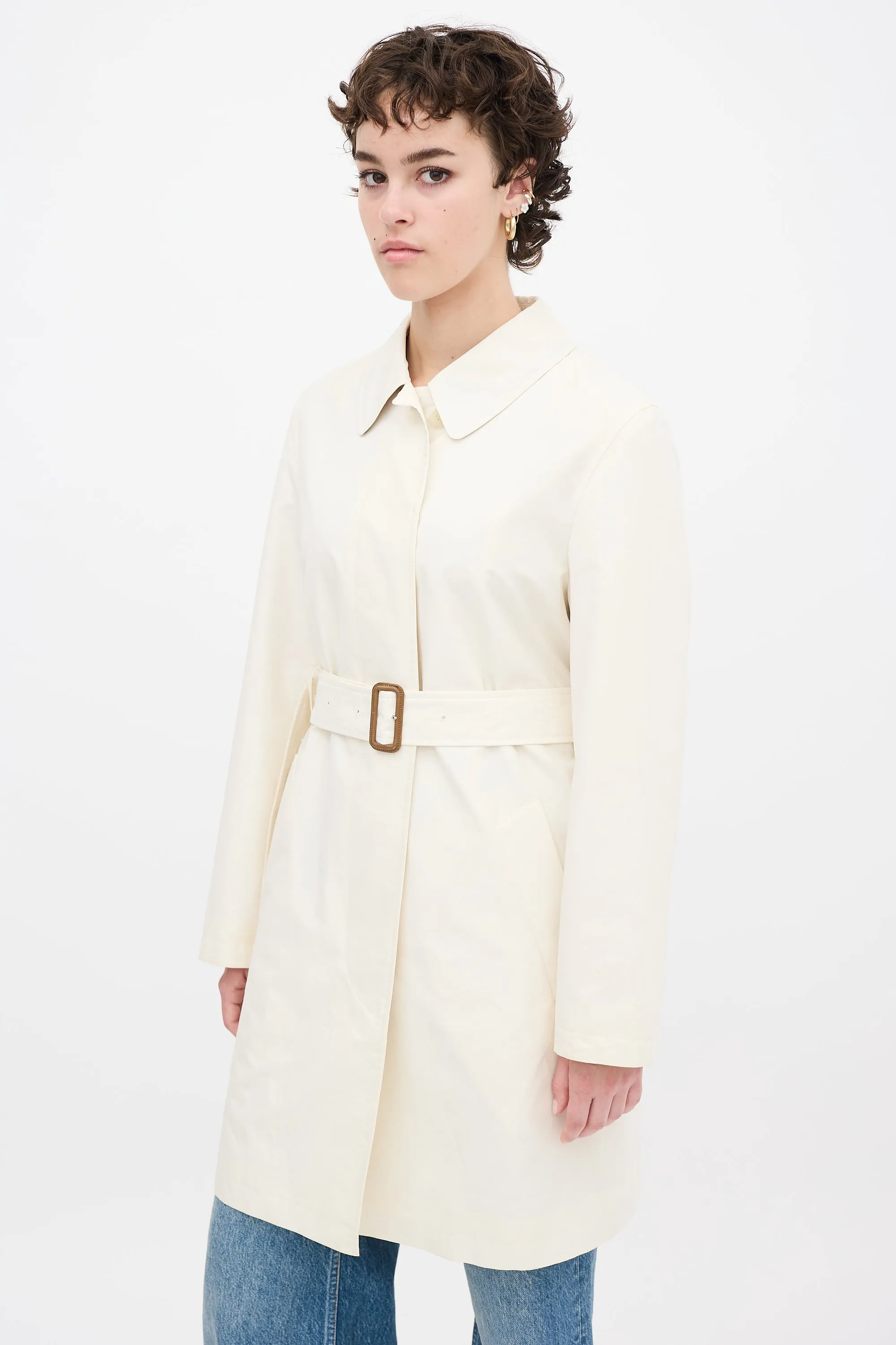 Cream Nylon Belted Midi Trench Coat