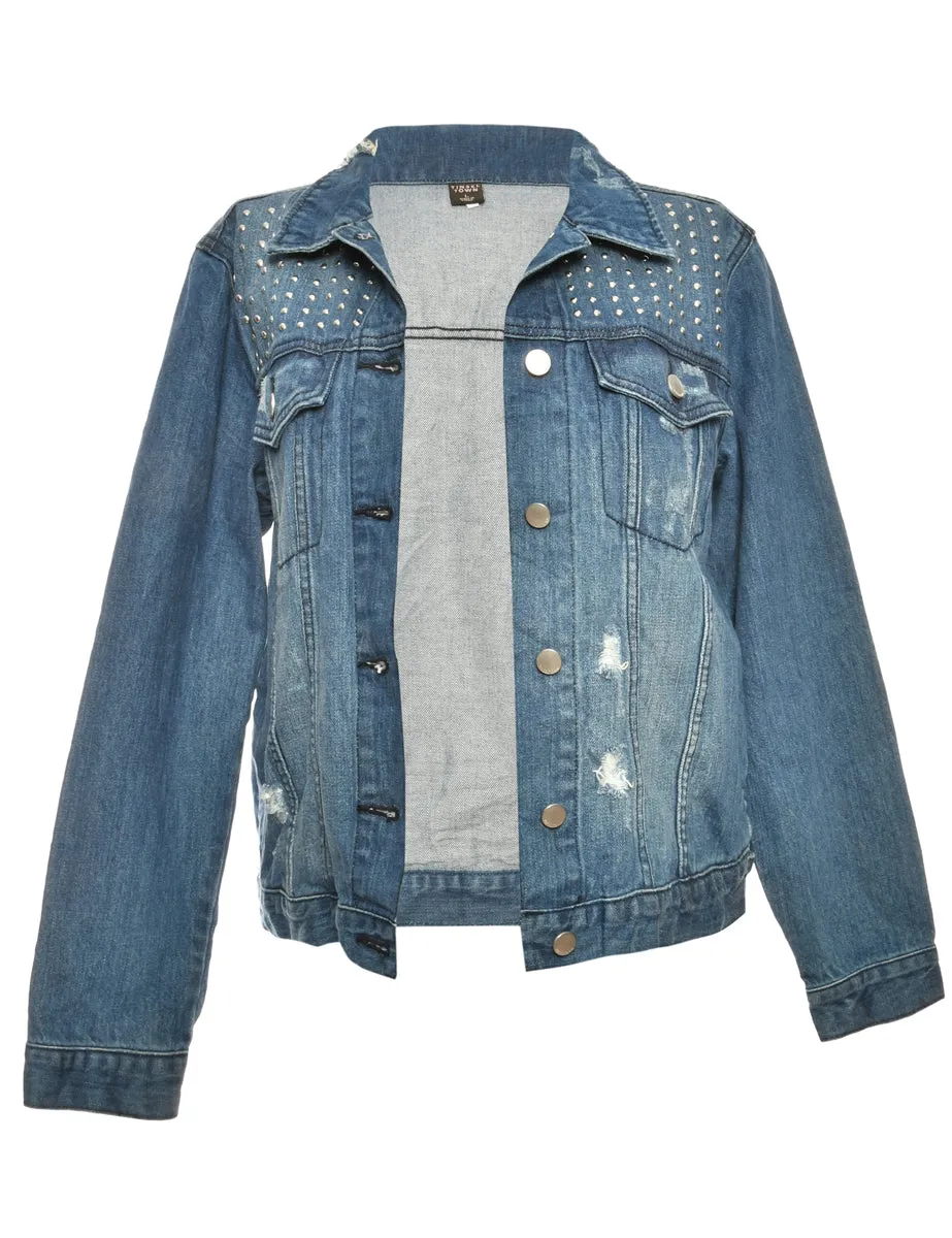 Distressed Medium Wash Denim Jacket - XL