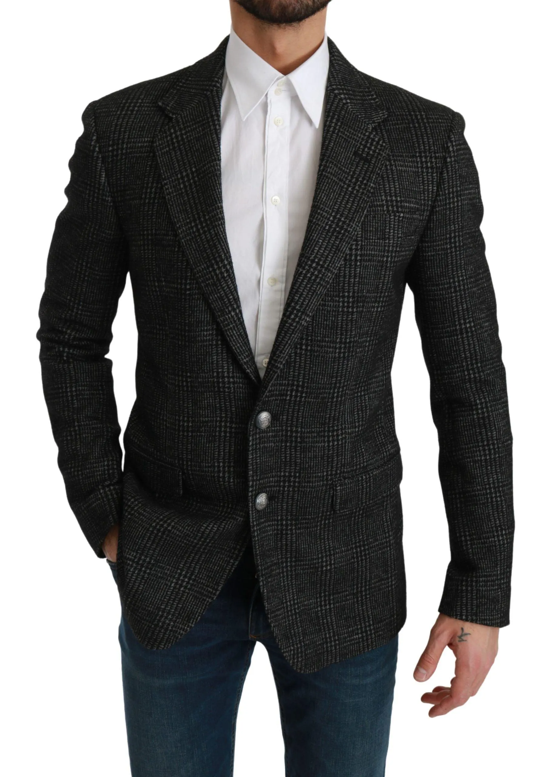 Dolce & Gabbana Gray Plaid Check Slim Fit Jacket Blazer