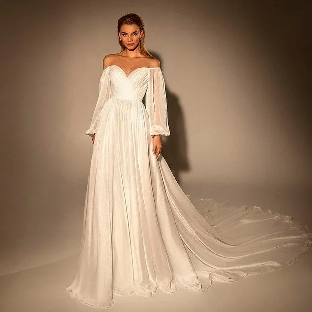 Elegant Off Shoulder White Chiffon Evening Dress SS251