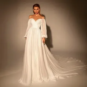 Elegant Off Shoulder White Chiffon Evening Dress SS251