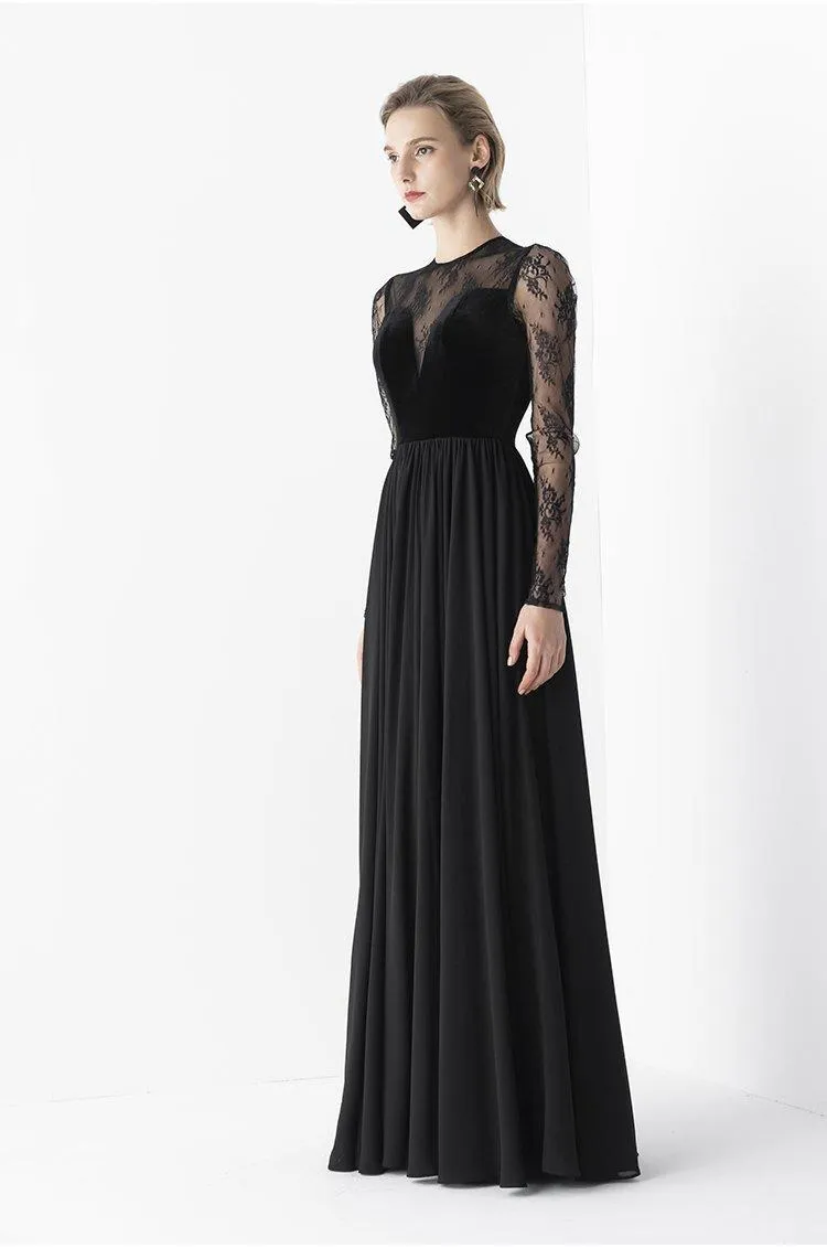 Elegant Retro Velvet Long lace evening black gala dress- Tuiok