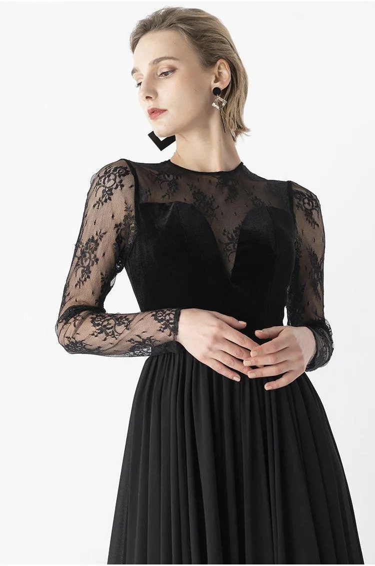 Elegant Retro Velvet Long lace evening black gala dress- Tuiok