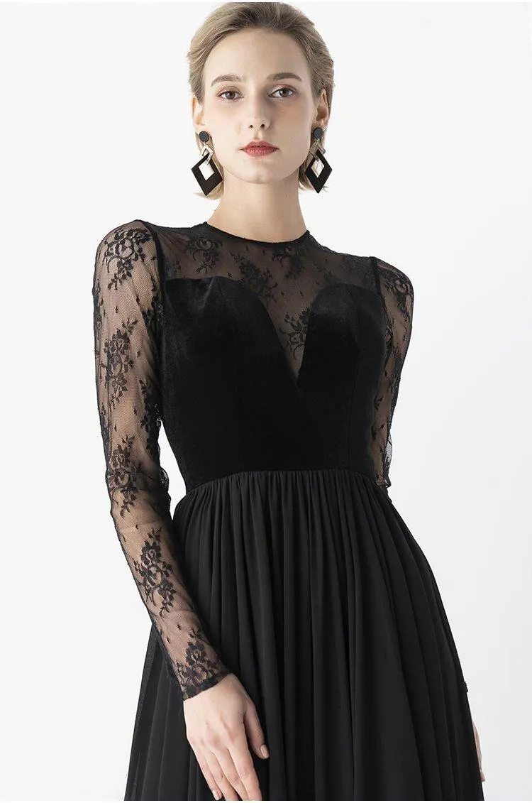 Elegant Retro Velvet Long lace evening black gala dress- Tuiok