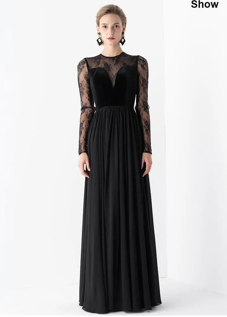 Elegant Retro Velvet Long lace evening black gala dress- Tuiok