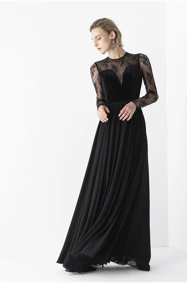 Elegant Retro Velvet Long lace evening black gala dress- Tuiok